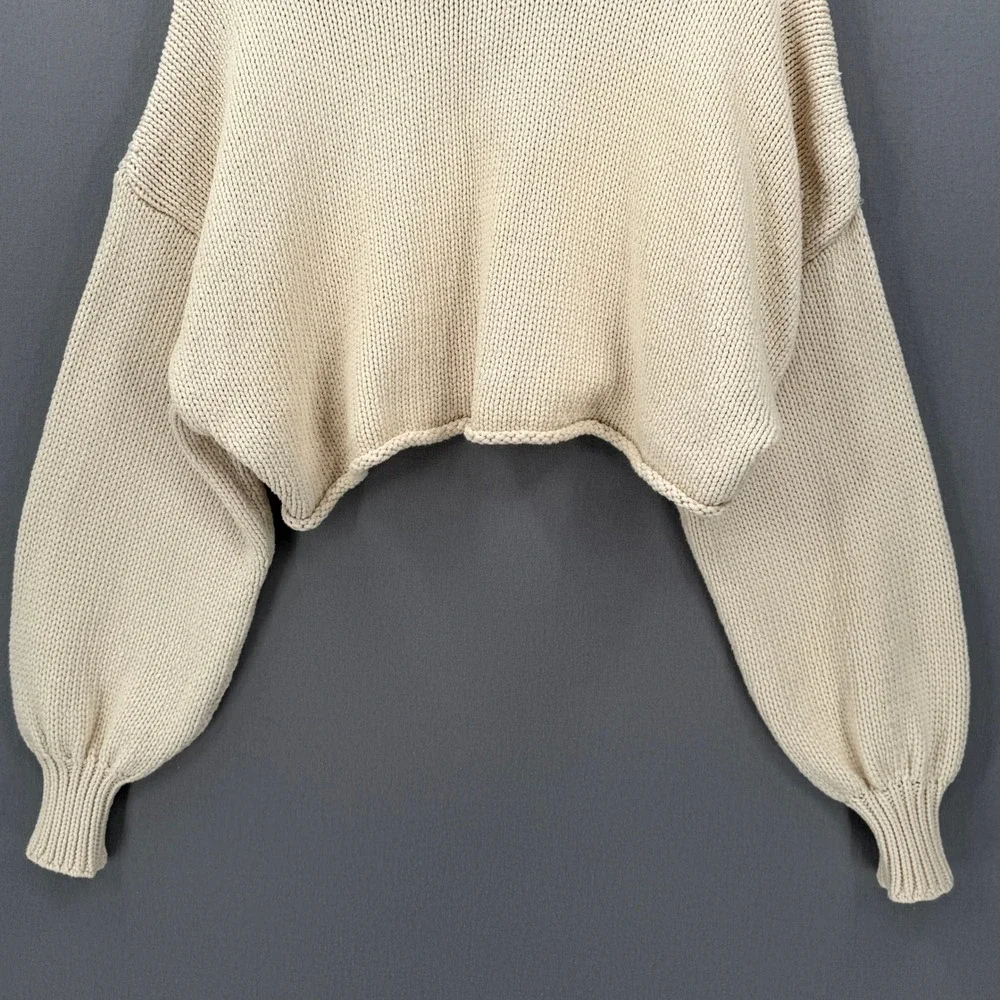 ZARA Cropped Polo Sweater Women Small Cream Relaxed Balloon Sleeve Casual Collar - Picture 9 of 15
